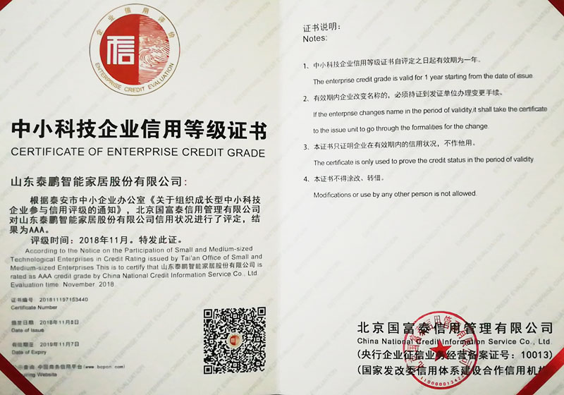 Small and medium-sized technology enterprise credit rating certificate